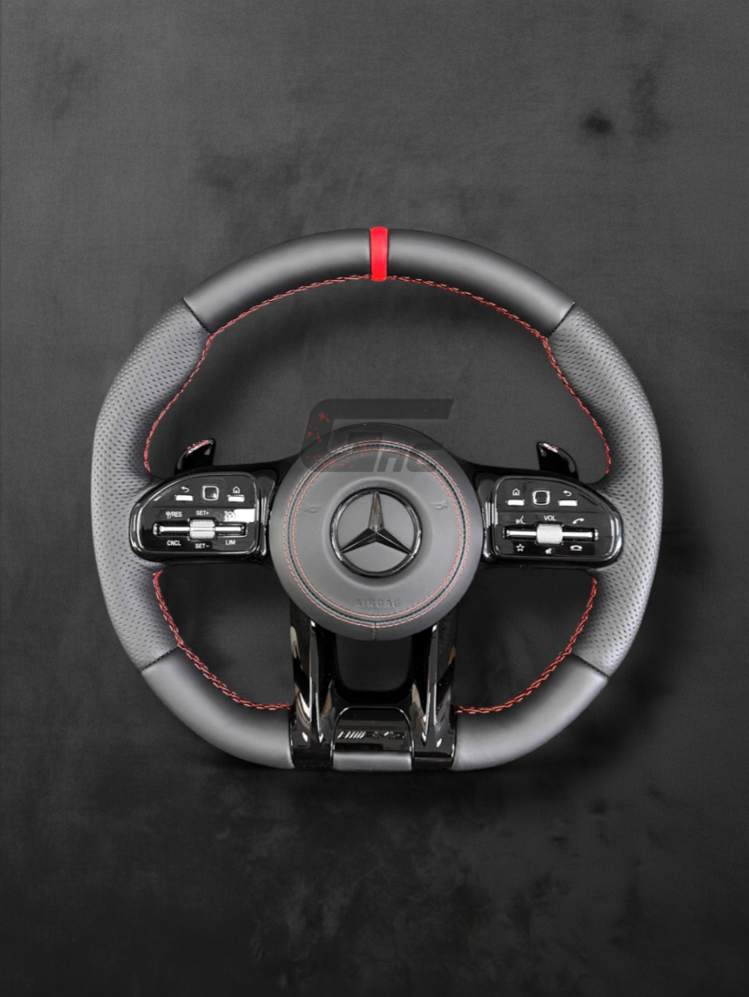 Custom AMG Flat-Bottom Wheel — Black Gloss & Red Center Stripe